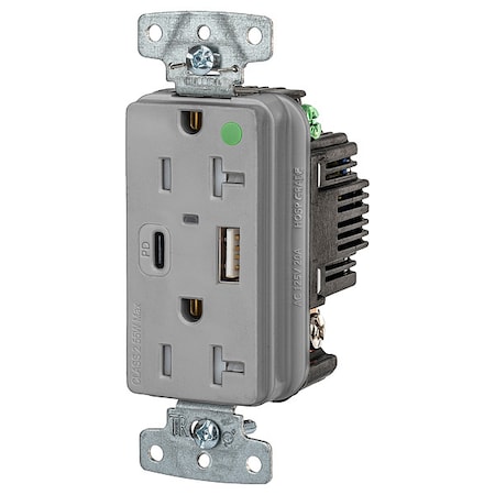 Hubbell Wiring Device-Kellems USB Receptacle, Gray, 1 hp USB8300ACPDGY