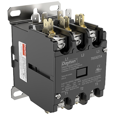 Dayton Definite Purpose Magnetic Contactor, 120V AC, 3 P, Non-Reversing, 3 Phase, Box Lug 783XZ7