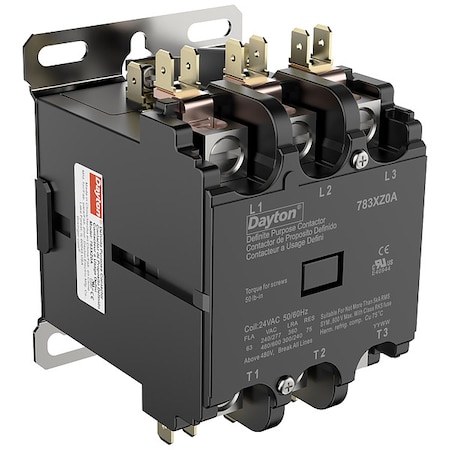 Dayton Definite Purpose Magnetic Contactor, 24V AC, 3 P, Non-Reversing, 3 Phase, Box Lug 783XZ0