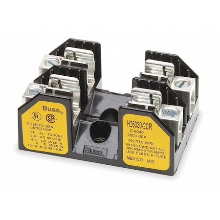 Eaton Bussmann Open Fuse Block, H UL Class, 250V AC/DC Volt Rating, 2 Poles, Box Lug H25030-2CR