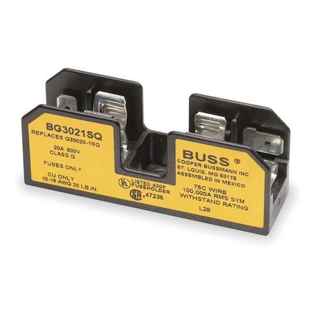 Eaton Bussmann Open Fuse Block, 20 A Amp Range, 600V AC/DC Volt Rating, 1 Poles, Screw with Quick Connect BG3021SQ
