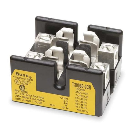 Eaton Bussmann Open Fuse Block, T UL Class, 300V AC/DC Volt Rating, 2 Poles, Box Lug T30060-2CR
