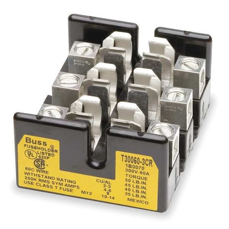 Eaton Bussmann Open Fuse Block, 31 to 60A Amp Range, 300V AC/DC Volt Rating, 3 Poles, Box Lug T30060-3CR