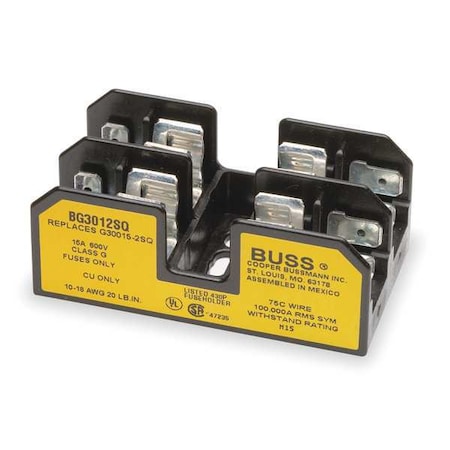 Eaton Bussmann Open Fuse Block, G UL Class, 600V AC/DC Volt Rating, 2 Poles, Screw with Quick Connect BG3012SQ