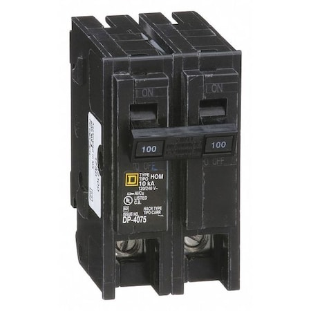 Square D Miniature Circuit Breaker, HOMELINE Series, 100A, 2 Pole, 240V AC, 10kA at 240V AC HOM2100
