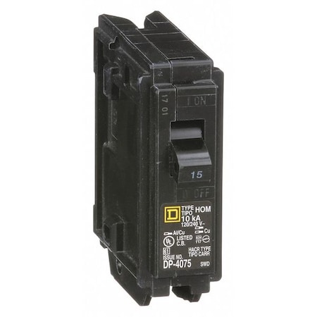 Square D Miniature Circuit Breaker, HOMELINE Series, 15A, 1 Pole, 120V AC, 10kA at 120V AC HOM115
