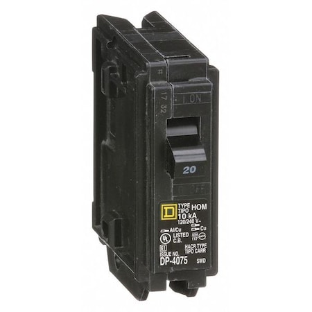 Square D Miniature Circuit Breaker, HOMELINE Series, 20A, 1 Pole, 120V AC, 10kA at 120V AC HOM120