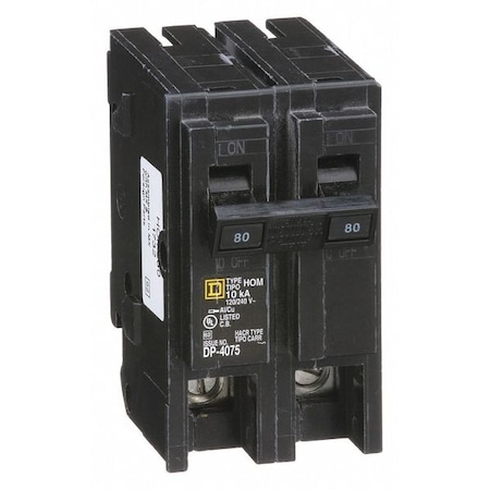 Square D Miniature Circuit Breaker, HOMELINE Series, 80A, 2 Pole, 240V AC, 10kA at 240V AC HOM280