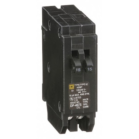 Square D Miniature Circuit Breaker, HOMELINE Series, 15A, 1 Pole, 120V AC, 10kA at 120V AC HOMT1515