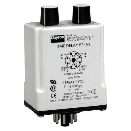 Dayton Single Function Time Delay Relay, Octal, Cycle On, 1 Functions 120V AC/DC, DPDT 1EGD3