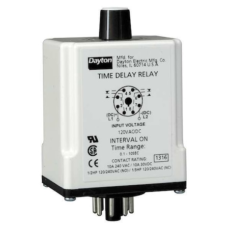 Dayton Single Function Time Delay Relay, Octal, Interval, 1 Functions 120V AC/DC, DPDT 1EGC9
