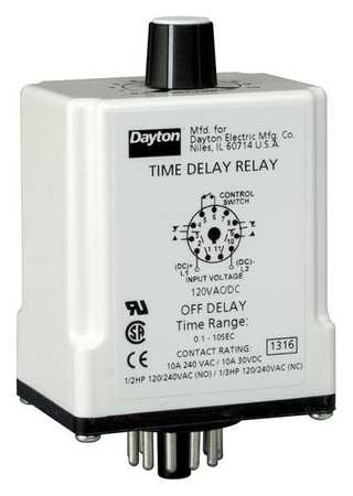 DAYTON Time Dlay Rlay, 120VAC/DC, 10A, DPDT, 3 sec. 1EGC6