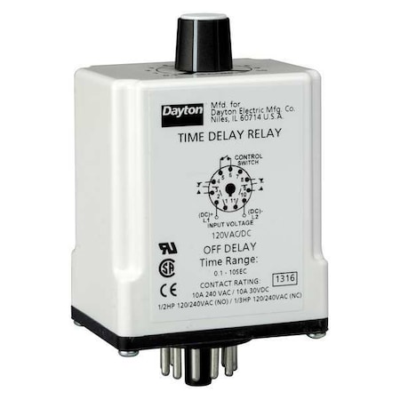 Dayton Single Function Time Delay Relay, Octal, Off Delay, 1 Functions 120V AC/DC, DPDT 1EGC6