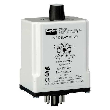Dayton Single Function Time Delay Relay, Octal, On Delay, 1 Functions 120V AC/DC, DPDT 1EGB4