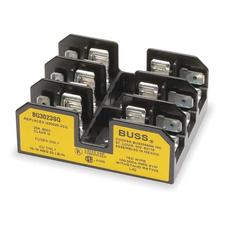 Eaton Bussmann Open Fuse Block, 20 A Amp Range, 600V AC/DC Volt Rating, 3 Poles, Screw with Quick Connect BG3023SQ