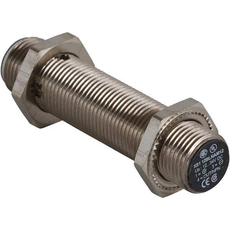 Telemecanique Sensors Cylindrical, Inductive Proximity Sensor, 12 mm Dia., Brass, M12, 3 Wires, Shielded XS112BLPBM12