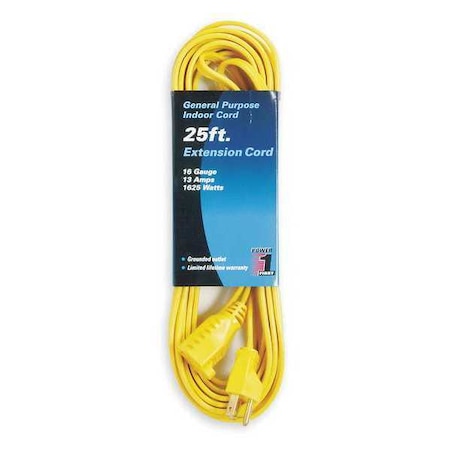 Zoro Select SPT-2 Indoor Extension Cord, 16 AWG 1 Outlet, 5-15R, Yellow, PVC, 5-15P, 25ft 1FD58