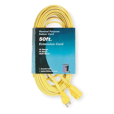 Zoro Select SPT-2 Indoor Extension Cord, 16 AWG 1 Outlet, 5-15R, Yellow, PVC, 5-15P, 50ft 1FD59