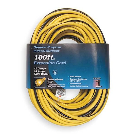 Zoro Select SJTW Extension Cord, 12 AWG, Outdoor, 12/3, 1 Outlets, 5-15R, Yellow with Black Stripe, PVC, 5-15P 1FD57