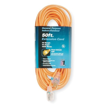 Zoro Select SJTW Outdoor Extension Cord, 16 AWG 1 Outlet, 5-15R, Orange, PVC, 5-15P, 50ft 1FD53