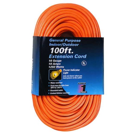 Zoro Select SJTW Extension Cord, 16 AWG 1 Outlet, 5-15R, Orange, PVC, 5-15P, 100ft 1FD54