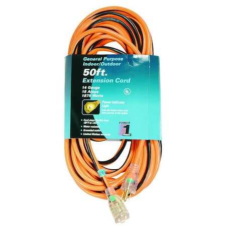 Zoro Select SJTW Outdoor Extension Cord, 14 AWG 1 Outlet, 5-15R, Orange/Black, PVC, 5-15P 1FD55
