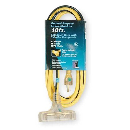 Zoro Select SJTW Outdoor Extension Cord, PVC, 12 AWG 3 Outlets, 5