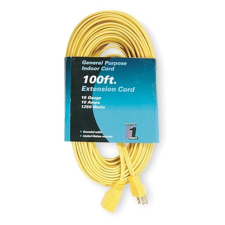 Zoro Select SPT-2 Indoor Extension Cord, 16 AWG 1 Outlet, 5-15R, Yellow, 5-15P, 100ft 1FD60