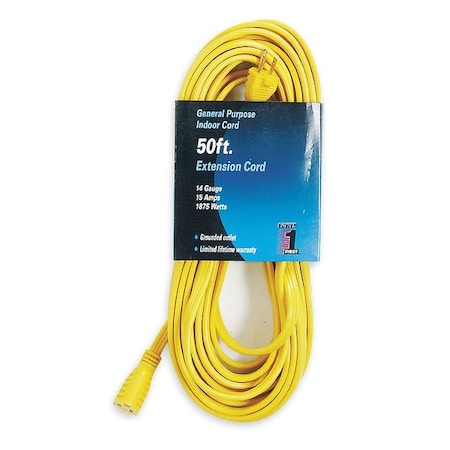Zoro Select SPT-3 Indoor Extension Cord, 14 AWG 1 Outlet, 5-15R, Yellow, PVC, 5-15P, 50ft 1FD61