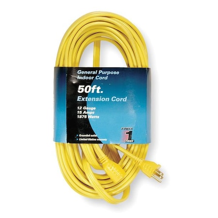 Zoro Select SPT-3 Indoor Extension Cord, 12 AWG 1 Outlet, 5-15R, Yellow, PVC, 5-15P, 50ft 1FD62