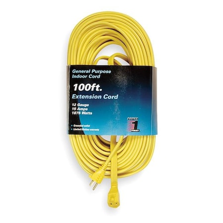 Zoro Select SPT-3 Indoor Extension Cord, 12 AWG 1 Outlet, 5-15R, Yellow, 5-15P, 100ft 1FD63