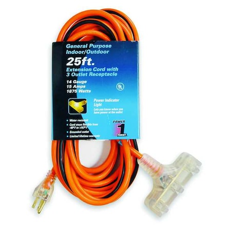 Zoro Select SJTW Outdoor Extension Cord, 14 AWG 3 Outlets, 5-15R, Orange/BLK, 5-15P, PVC 1FD65