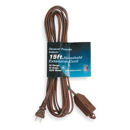 Zoro Select SPT-2 Indoor Extension Cord, 16 AWG 3 Outlets, 1-15R, Brown, PVC, 1-15P, 15ft 1FD71