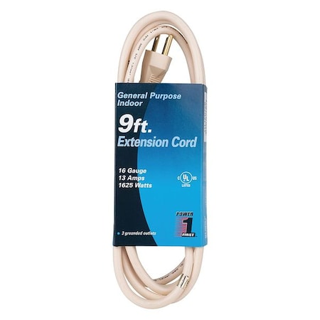 Zoro Select SJT Indoor Extension Cord, 16 AWG 3 Outlets, 5-15R, Beige, PVC, 5-15P, 9 ft 1FD72
