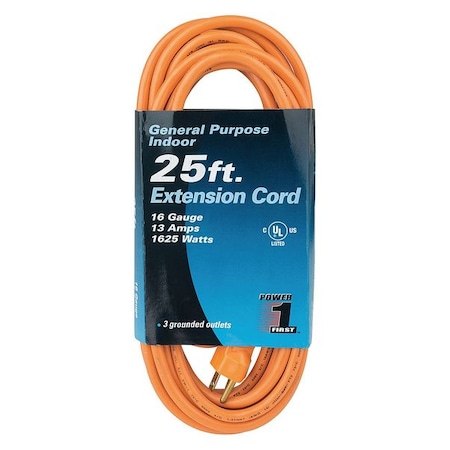 Zoro Select SJT Indoor Extension Cord, 16 AWG 3 Outlets, 5-15R, Orange, PVC, 5-15P, 25 ft 1FD73