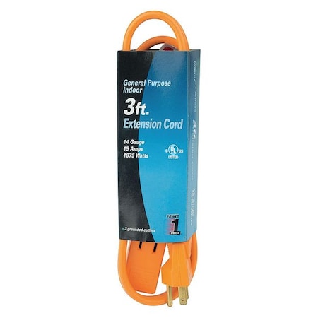 Zoro Select SPT-3 Indoor Extension Cord, 14 AWG 3 Outlets, 5-15R, Orange, PVC, 5-15P, 3ft 1FD74
