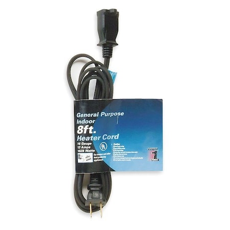 Zoro Select HPN Indoor Extension Cord, 16 AWG 1 Outlet, 1-15R, Black, Rubber, 1-15P, 8 ft 1FD75