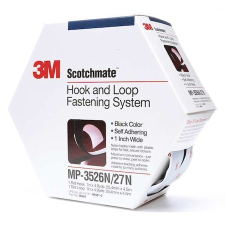 3M Reclosable Fastener, Rubber Adhesive, 15 ft, 1 in W, Black MP3526N/MP3527N