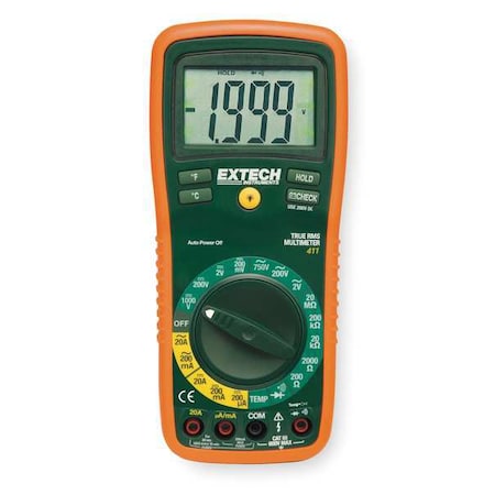Extech Digital Multimeter, 750 Max. AC Volts, 1,000 Max. DC Volts, 20 Max. AC Amps, 20 Max. DC Amps EX411A