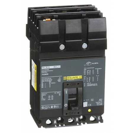 Square D Circuit Breaker, FA Series, 30 A, 3 Pole, 600V AC, Not Rated FA36030