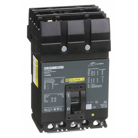 Square D Circuit Breaker, FA Series, 60, 3 Pole, 600VAC, Not Rated FA36060