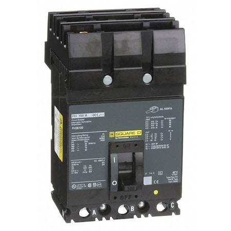 Square D Circuit Breaker, FH Series, 100, 3 Pole, 600VAC, Not Rated FH36100