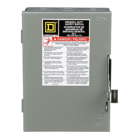 Square D Fusible, Safety Switch, General Duty, 240 V, 2PST, NEMA 1 D211N