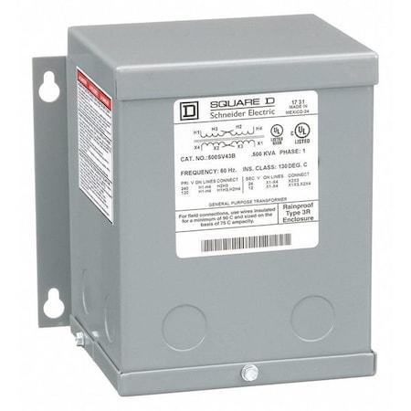 Square D Buck Boost Transformer, 500 VA, NEMA 3R, 12/24V AC, 120/240V AC 500SV43B