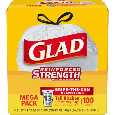 Glad 13 gal Trash Bags, 24 in x 27 1/2 in, Extra Heavy-Duty, 0.78 mil, White, PK100 78526