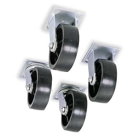Delta Consolidated Industries Caster Set of 4, 6 in Dia, 6 in Ht, 5 in L, 2 in W, Steel, Black, Rubber Tread 1-321990