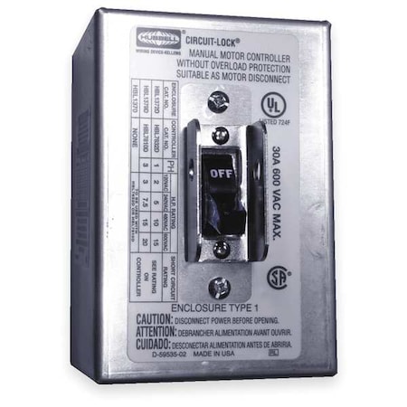 HUBBELL KELLEMS Manual Motor Switch, 30A, 600VAC, 2P HBL1372