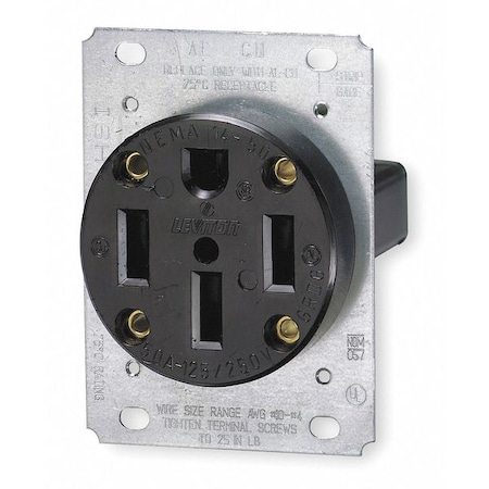 Leviton Straight Blade Receptacle, 14-50R, 50 A, 125/250V AC, 3 Pole, 4 Wire, Flush Mount, Grounded 279-S00