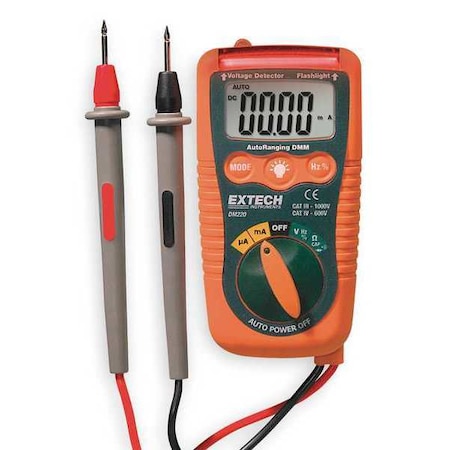 EXTECH Digital Multimeter, 600 Max. AC Volts, 600 Max. DC Volts, 200 mA Max. AC Amps, 200 mA Max. DC Amps DM220