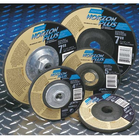 Norton Abrasives Depressed Center Grinding Wheel, Type 27, 6 in Dia, 0.25 in Thick, 7/8 in Arbor Hole Size, Ceramic 66252809376